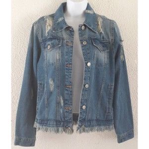 Women's IRIS Jean Jacket Distressed Fringed Raw Hem Size-S